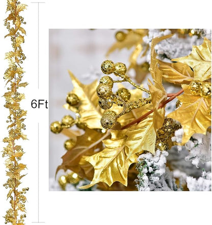 DearHouse 6FT Gold Berry Christmas Garland, Flexible Artificial Berry Garland for Indoor Outdoor Home Fireplace Decoration for Winter Christmas Holiday New Year Decor