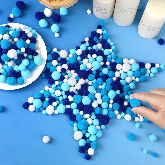 UPINS Blue Pom Poms Balls, 600 Pieces Pom Poms Mixed Sizes Pompoms for Chanukah Christmas Winter Summer Holiday Party Crafts Making DIY Holiday Decorations Supplies (4 Colors,3 Size)