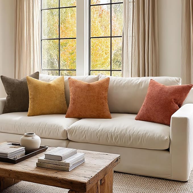 MIULEE Pack of 4 Fall Orange/Yellow  Throw Pillow Covers 18x18 Inch Halloween Soft Decorative Chenille Pillows Farmhouse Accent Cushions for Boho Home Decor Spring  Bedroom Living Room