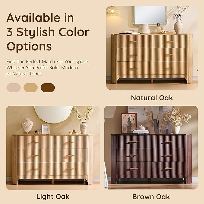 Fluted 6 Drawer Dresser for Bedroom with Curved Profile Design,53.9" W Chest of Drawers with Reeded Texture,Wide Storage Cabinet with Smooth-Glide Drawers,gold metal handle or Living Room,Natural Oak