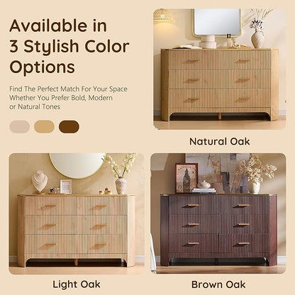 Fluted 6 Drawer Dresser for Bedroom with Curved Profile Design,53.9" W Chest of Drawers with Reeded Texture,Wide Storage Cabinet with Smooth-Glide Drawers,gold metal handle or Living Room,Natural Oak