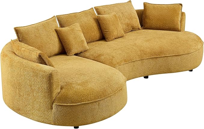 125'' Modern Curved Cloud Sofa Luxury Living Room 5 Seater Combo Sofa Cloud Curve Design Mid Century Upholstered Sofa with Ottoman for Living Room Bedroom Apartment (Boucle+Left Facing, Yellow)