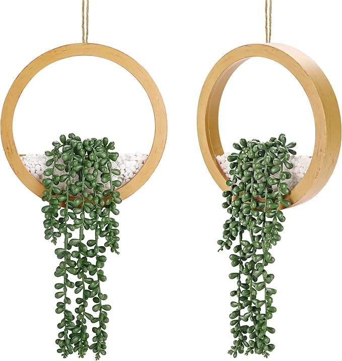 Der Rose 2 Pack Boho Wall Decor Fake Plants 15" Hanging Artificial Succulents Plants for Bohemian Living Room Bathroom Accessories