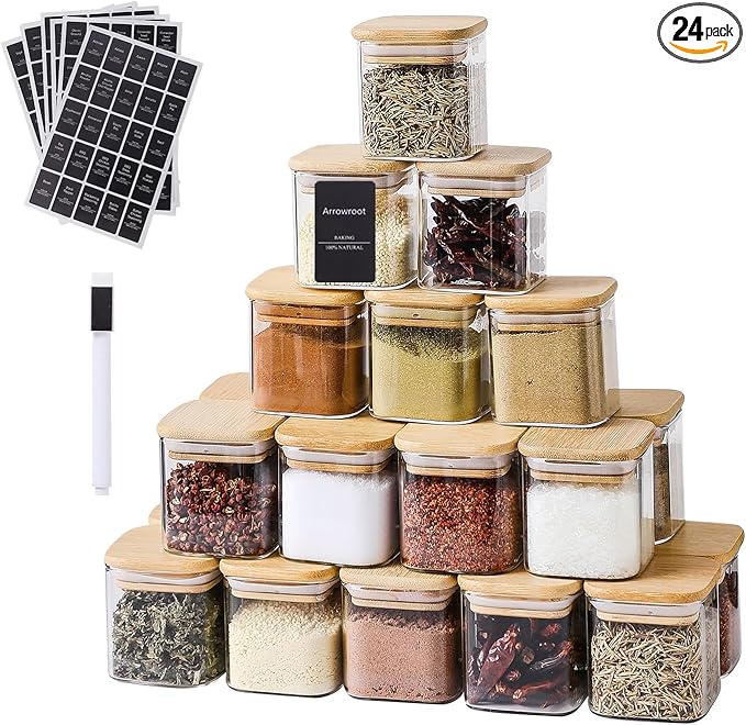 24Pcs 4oz Spice Jars with 275 Labels, Small Seasoning Glass Container Empty Organizer with Bamboo Lid Set for Pepper, Salt, Sugar