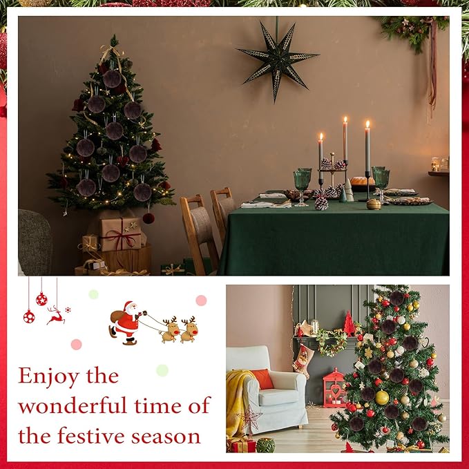 12Pcs Furry Christmas Ball Ornament for Xmas Tree Brown Soft Faux Fur Pom Pom Ball Ornaments Christmas Tree Hanging Decorations for Winter Party Home Decor Costume Supplies