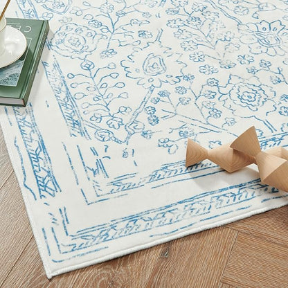 jinchan Vintage Floral Washable Area Rug 6x9 Distressed Faux Wool, Blue
