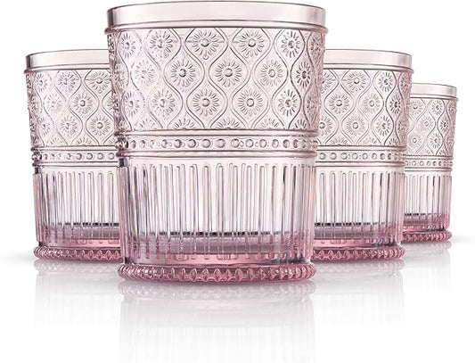 Godinger Whiskey Glasses, Acrylic Drinking Glasses Set, Elegant Lowball Plastic Cups, Rocks Glasses, Glasses Drinking Set, Vintage Romantic Decor - 11oz, Set of 4, Blush