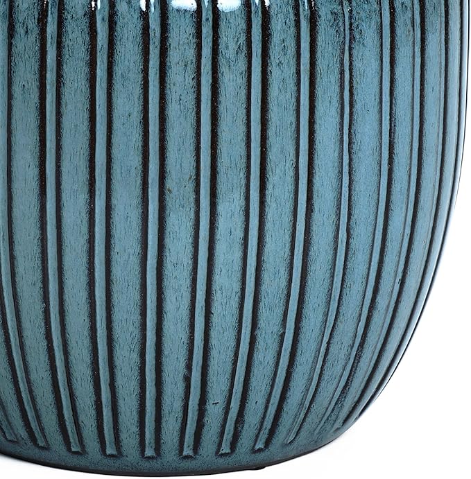 LuxenHome 11" Dia Ceramic Planters, Indoor Outdoor Large Plant Pots with Drainage Holes and Rubber Plug, Modern Glazed Decorative Flower Pots, Sea Green Ribbed Round Planters for Home Garden Patio