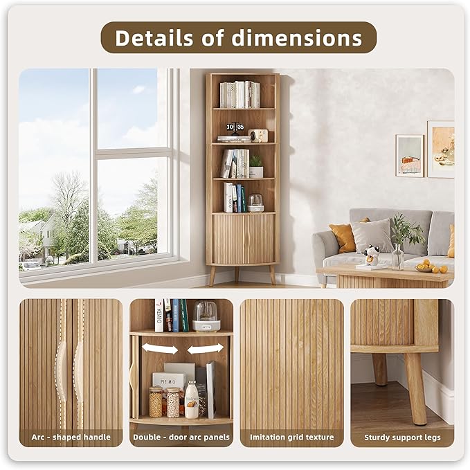 5-Tier Corner Shelf, 66.73''Tall Modern Corner Bookshelf, 5 Shelf Bookcase with 2 Fluted Doors, Freestanding Wood Corner Display Storage Shelf Organizer for Living Room, Office (Wood Color)