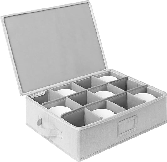 StorageWorks China Storage Container, Stackable Mug Storage Box with Dividers, Stemware Storage Cases, Hard Shell China Cup Organizer, Holds 12 Tea Cups and Coffee Mug, 1 Pack, Light Gray