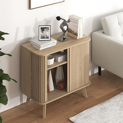 Fluted Sideboard Buffet Cabinet with Storage, 27” Curvy Edge Accent Storage Cabinet with Sliding Doors & Shelves, Modern Sideboard Credenza Console for Kitchen, Living Room, Entryway, Oslo