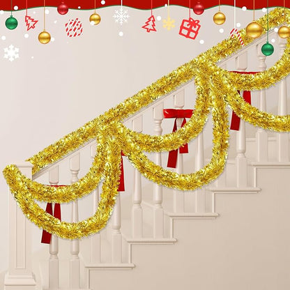 50FT Gold Christmas Tinsel Garland, Metallic Twist Shiny Hanging Garland Ornaments for Xmas Tree Party Supplies Thick Thin Metallic Streamers for Indoor Outdoor Decor