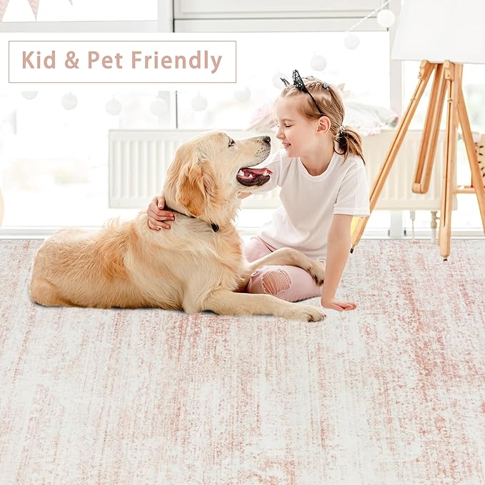 Washable Rugs 9x12 Area Rugs for Living Room,Rugs for Bedroom,Large Carpets,Ultra Soft Faux Wool Retro Dining Room Rug,Non Slip&Non-Shedding Low Pile Vintage Print Rug for Home Office-Pink White