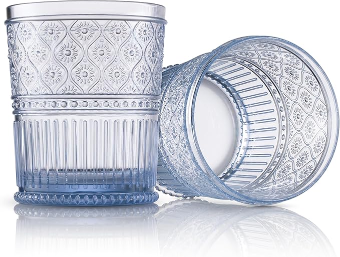 Godinger Whiskey Glasses, Acrylic Drinking Glasses Set, Elegant Lowball Plastic Cups, Rocks Glasses, Glasses Drinking Set, Vintage Romantic Decor - 11oz, Set of 4, Blue