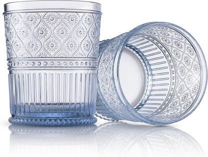 Godinger Whiskey Glasses, Acrylic Drinking Glasses Set, Elegant Lowball Plastic Cups, Rocks Glasses, Glasses Drinking Set, Vintage Romantic Decor - 11oz, Set of 4, Blue