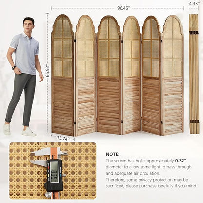 6 Panels Room Divider, Rustic Rattan Room Divider, Wood Folding Privacy Screen, Foldable Wood Divider Wall, Separate Portable Partition Screen, Wall Divider for Room Separation (Natural)