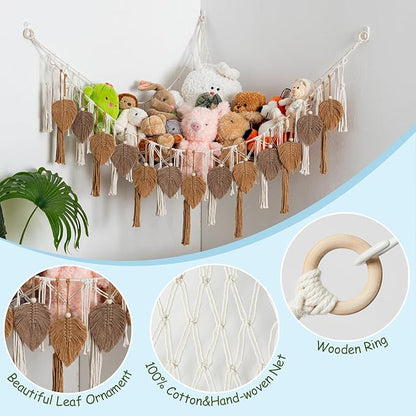 Pretty Jolly Stuffed Animal Storage with Hand Woven Leaf Tassels Hammock Corner Hanging Net Boho Macrame Plush Storage for Kid Room Nursery Decor Wall Display for Girls Gift(Coffee)
