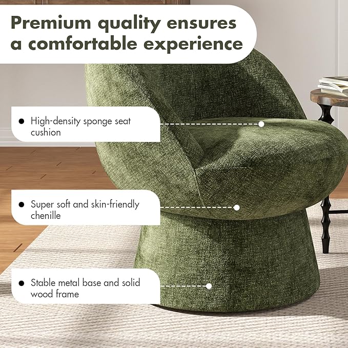 360° Swivel Accent Chairs Set of 2, Modern Green Chenille Upholstered Round Barrel Chair with Curved Back, Bucket Vanity Armchair for Small Space,Living Room, Bedroom