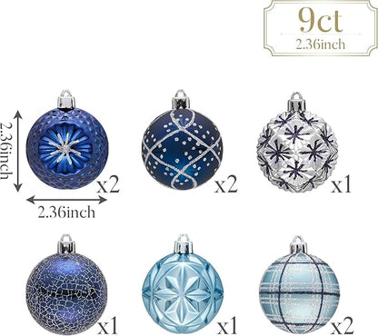 Valery Madelyn Ornaments for Christmas Trees, 9ct 2.36 Inches Navy Blue and Silver Shatterproof Christmas Tree Decorations, Luxury Hanging Ball Ornaments for Xmas Holiday Party Decor