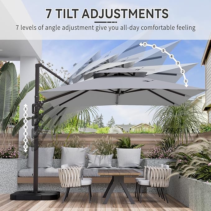 10' X 10' Cantilever Patio Umbrella Outdoor with Base Included Heavy Duty Double Top Windproof Square Offset Umbrellas with 360-degree Rotation for Pool Deck Backyard, Foggy Grey