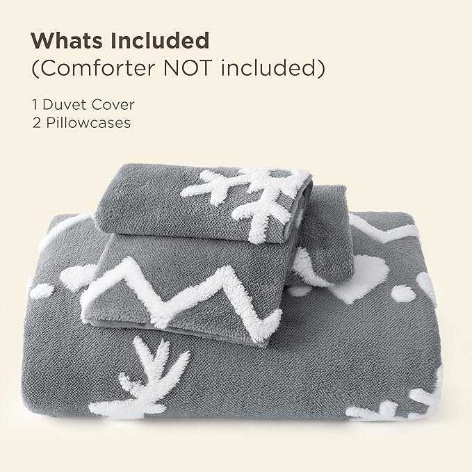Bedsure Fluffy Christmas Duvet Cover Set - Ultra Soft Plush Shaggy Comforter Cover King Size, Warm Flannel Fleece Bed Sets for Winter, 3 Pieces, Reindeer Pattern, Grey