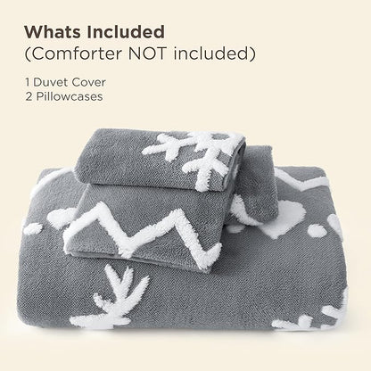 Bedsure Fluffy Christmas Duvet Cover Set - Ultra Soft Plush Shaggy Comforter Cover Queen Size, Warm Flannel Fleece Bed Sets for Winter, 3 Pieces, Reindeer Pattern, Grey