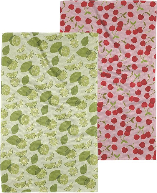 GEOMETRY Kitchen Tea Towels Quick Dry Microfiber Premium Towel Cheery Cherries Limes 2 Pack Set, Cherry Limeade