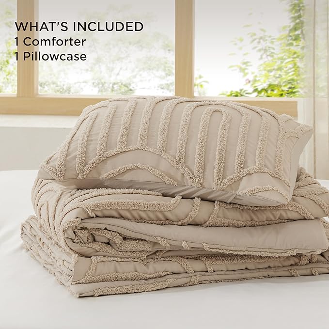 Bedsure Boho Tufted Twin Comforter Set - Khaki Boho Bedding Comforter Sets, 2 Pieces Farmhouse Shabby Chic Embroidery Bed Set, Soft Fluffy Cozy Arch Pattern Comforter for All Seasons