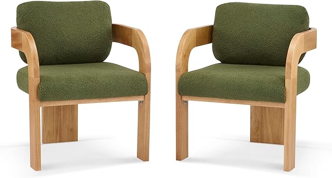 Christopher Knight Home Yorick Modern Boucle Dining Chair Set of 2 with Cushion, Solid Wood Dining Room, Curved Backrest Kitchen Side Chair, Living Room Comfy Extra Seat, Natural+Green
