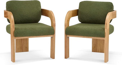 Christopher Knight Home Yorick Modern Boucle Dining Chair Set of 2 with Cushion, Solid Wood Dining Room, Curved Backrest Kitchen Side Chair, Living Room Comfy Extra Seat, Natural+Green