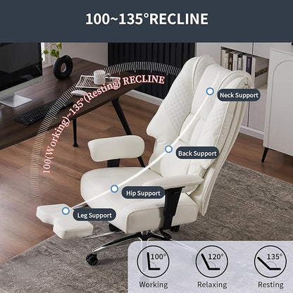 Big and Tall Office Chair 400lbs Wide Seat, Leather High Back Executive Office Chairs with Foot Rest, Ergonomic Lumbar Support for Lower Back Pain Relief (White)