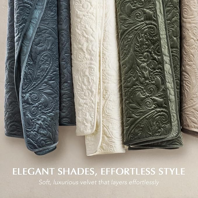 EVERGRACE Luxury Pearl Velvet Quilt Set Queen Size 3 Pieces, Soft Paisley-Stitch Velvet Comforter Set with Pillow Shams, Lightweight Bedspread Coverlet Bedding Set, Olive Green