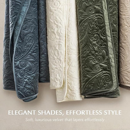 EVERGRACE Luxury Pearl Velvet Quilt Set Queen Size 3 Pieces, Soft Paisley-Stitch Velvet Comforter Set with Pillow Shams, Lightweight Bedspread Coverlet Bedding Set, Olive Green