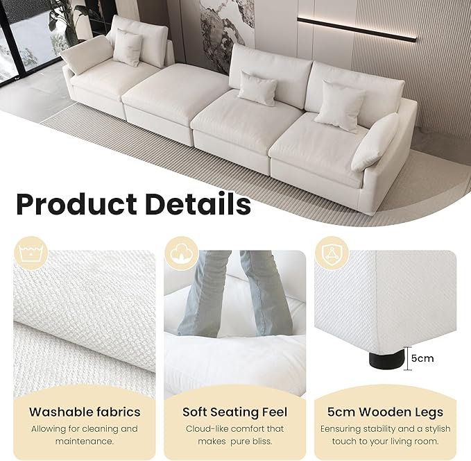 Cloud Couch Modular Sectional Sofa,82.68" Oversized LoveSofa, Down Filled Convertible Wide Seater for Living Room Set, Covers Washable&Replaceable,White