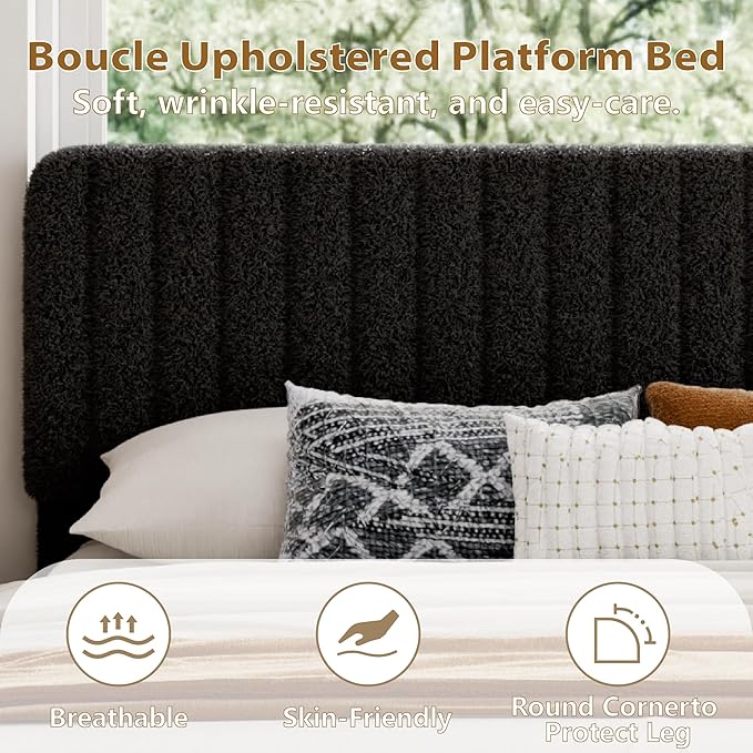 Queen Size Boucle Bed Frame, Upholstered Cloud Platform Bed Frame with Adjustable Headboard, Vertical Tufted, Soft Rounded Corners, No Box Spring Needed, Noise Free Design, Easy Assembly, Black