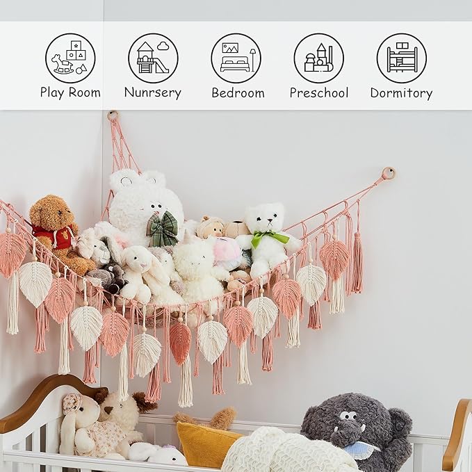 Pretty Jolly Stuffed Animal Storage with Hand Woven Leaf Tassels Hammock Corner Hanging Net Boho Macrame Storage for Kid Room Nursery Decor Corner Wall Display Organizer for Girls Gift(Leather Pink)