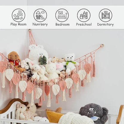 Pretty Jolly Stuffed Animal Storage with Hand Woven Leaf Tassels Hammock Corner Hanging Net Boho Macrame Storage for Kid Room Nursery Decor Corner Wall Display Organizer for Girls Gift(Leather Pink)