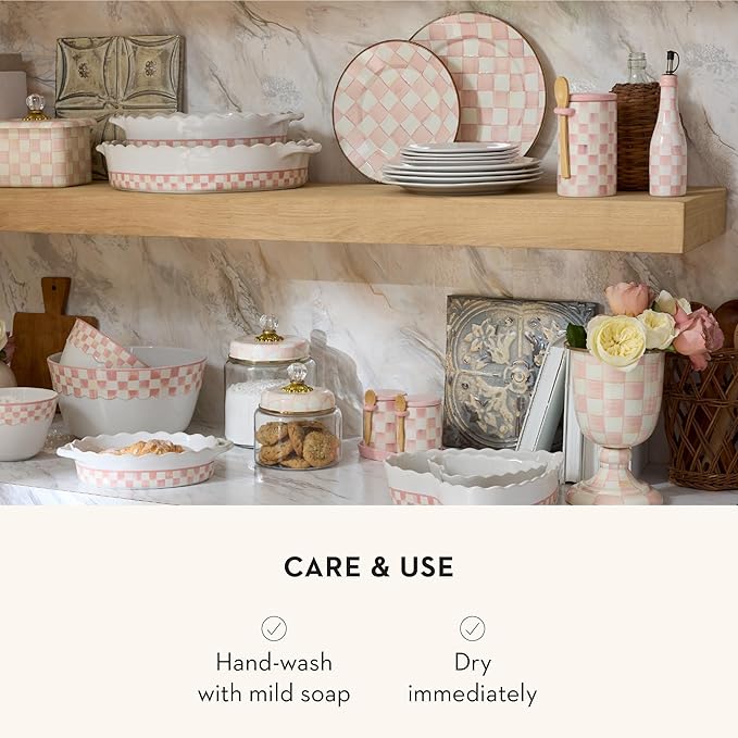 MACKENZIE-CHILDS Ceramic Farmhouse Oil Cruet, Ceramic Oil-Dispenser Bottle, Pink-and-White Rosy Check