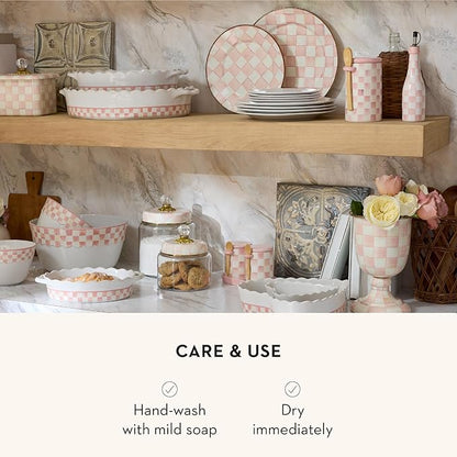 MACKENZIE-CHILDS Ceramic Farmhouse Oil Cruet, Ceramic Oil-Dispenser Bottle, Pink-and-White Rosy Check