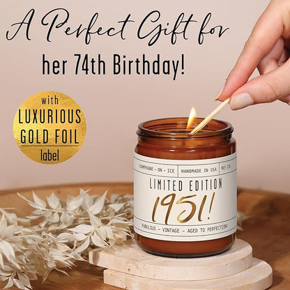 74th Birthday Gifts for Women - 'Limited Edition 1951' Soy Candle, w/Champagne on Ice I 74 Birthday Gifts for Women I 74th Birthday Gift for Her Ideas I 9oz Reusable Jar, 50Hr Burn, Made in USA