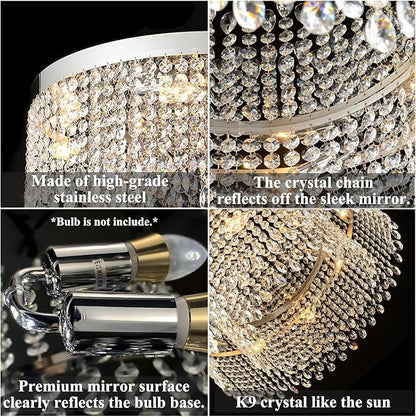 Modern Crystal Chandelier 8-Lights Large Raindrop Crystal Chandeliers Flush Mount Ceiling Light Fixture for Living Room Dining Room Bedroom