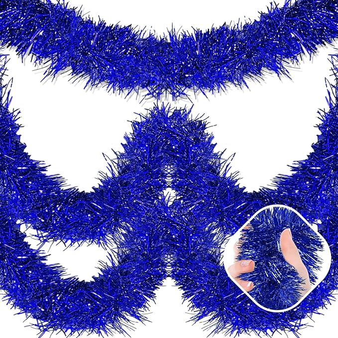 50 Feet Blue Christmas Tinsel Garland, Metallic Foil Twist Garland Wall Hanging Tinsel Banner Backdrop for Parade Floats, Easter, Mother's Day, Wedding Party Decorations (2in x 50ft)