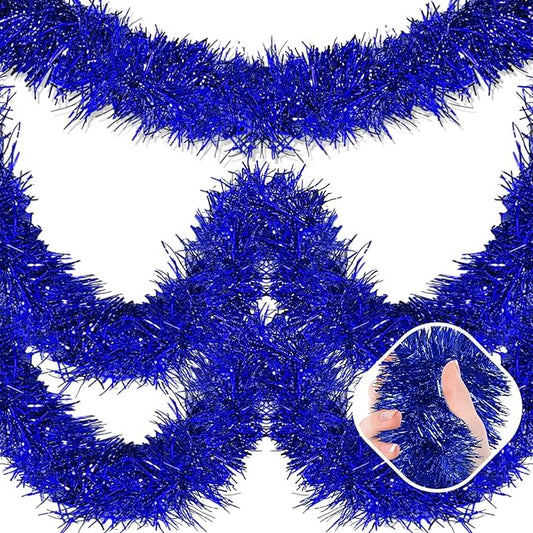 50 Feet Blue Christmas Tinsel Garland, Metallic Foil Twist Garland Wall Hanging Tinsel Banner Backdrop for Parade Floats, Easter, Mother's Day, Wedding Party Decorations (2in x 50ft)