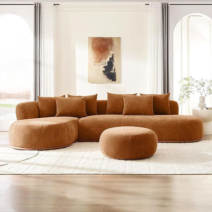 WILLIAMSPACE 134.63" Oversize Curved Sofa Cloud Couch with Round Chaise & Ottoman, Modern Upholstered Curved Sectional Sofa Couch with 6 Pillows for Living Room, No Assembly (Left-Facing,Orange)