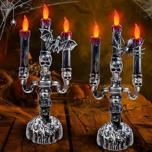TURNMEON 2 Pack Halloween Candles LED Candelabra,Halloween Decorations 3-Candles Flickering Lamp Light Up Battery Operated Candles Holder Flame Less Bat Spider Decor Indoor Table Home Party