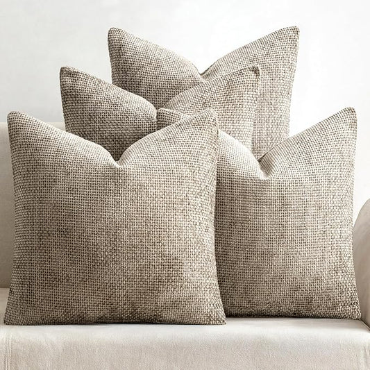 MIULEE Pack of 4 Throw Pillow Covers 18x18 Inch Khaki Soft Decorative Chenille Pillow Covers Farmhouse Accent Cushion Covers for Boho Home Decor Bedroom Living Room