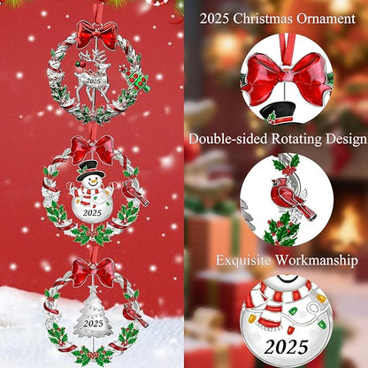 3pcs Christmas Ornament 2025 for Christmas Tree Decorations, Dated 2025 Christmas Wreath Tree Ornament with Rotatable Snowman/Tree/Deer for Xmas Holiday Metal Decorative Keepsake Gift