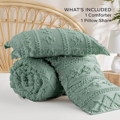 Bedsure Tufted Boho Comforter Set Twin Size - Green Boho Bed Set, GentleSoft™ 2 Pieces Farmhouse Shabby Chic Embroidery Bedding, Gifts for Woman, Soft Jacquard Twin Comforter for All Seasons