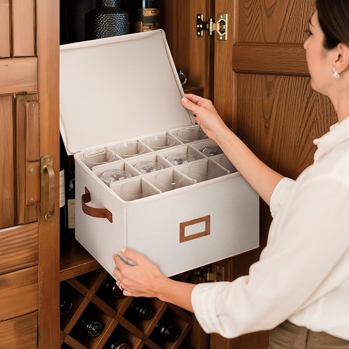 StorageWorks Stemware Storage Cases, Hard Shell Wine Glass Storage Box with Dividers for Glassware, Crystal, and China Holds 12 Standard Size Wine Glasses, 1 Pack, Beige