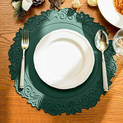Noctiflorous Round Faux Leather 15 Inch Placemats Set of 4 Waterproof Wipeable Heat Resistant Tablemat for Dining Table Kitchen Non Slip Oilproof Table Place Mat for Indoor Outdoor(Green, 4)
